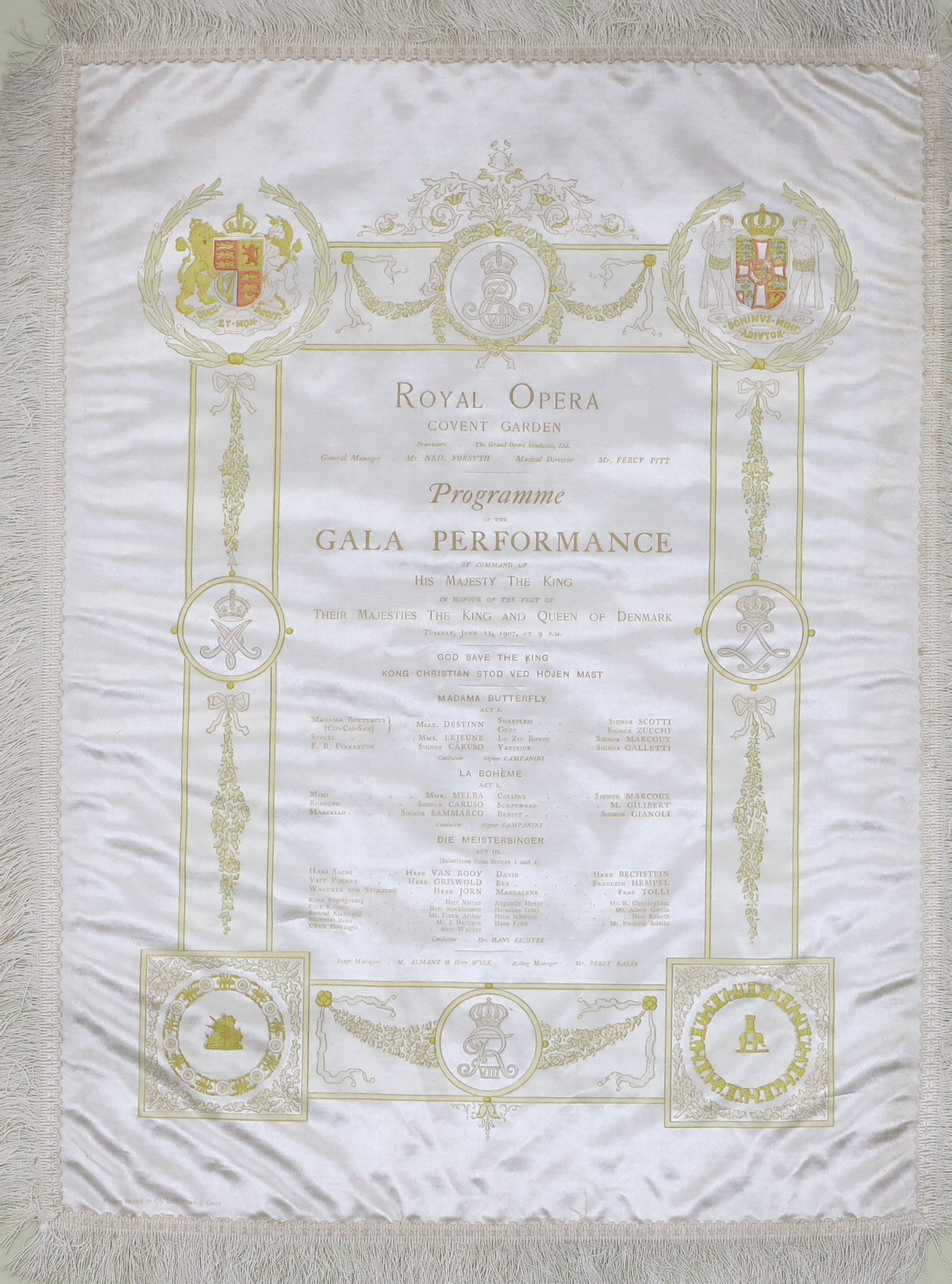 A framed early 20th century silk opera programme, Royal Opera House Covent Garden, Gala Performance 11th June 1907, printed by Finden Brown & Co., 37 x 28cm not including fringe